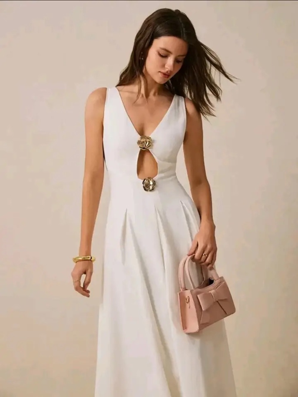 Poeselle Elegant White Linen V-Neck Maxi Dress with Floral Accents
